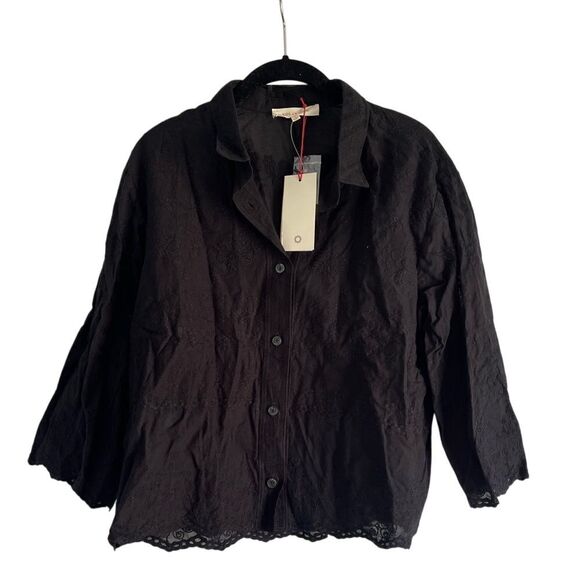 Solitaire Black Lace-Trim Button-Up Blouse Elegant Evening Wear‎ A25 - Picture 1 of 9